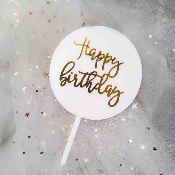 Happy Birthday Gold on White Round Topper